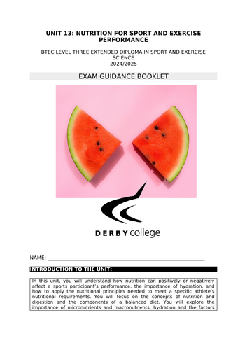 Unit 13: Nutrition for Sport & Exercise - Student Work Booklets