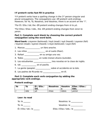 I-Y preterit verbs fast fill in practice