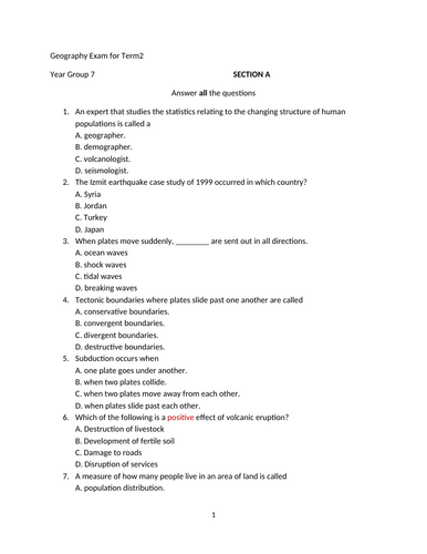 Geography Examination  Term Two  with Mark Scheme