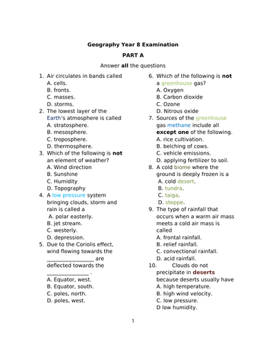 Geography Year 8 Examination with Mark Scheme