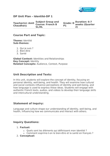 Unit Plan -French B SL- Theme -Identité -Unit 1 to 3 (week 8 to 10)