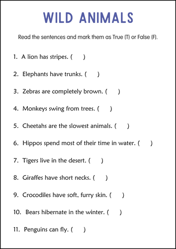 Printable Wild Animals Activities Worksheets for Grade 2, 3, 4