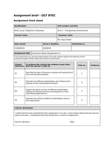 BTEC Business L3 Assignment Brief  U-1