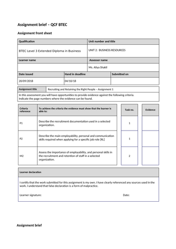 BTEC  Business L3 - U-2 Assignment Brief