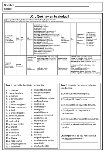 Lesson worksheet - Qué hay en tu ciudad