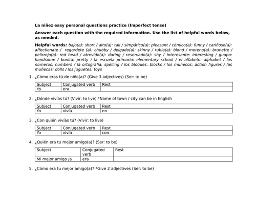 La niñez easy personal questions practice