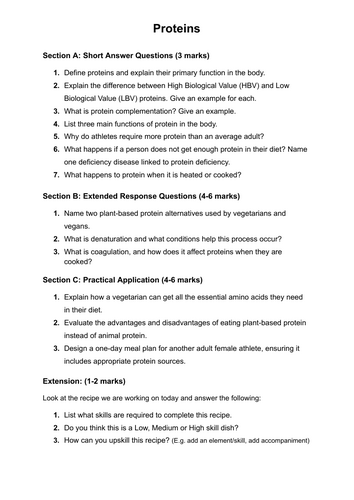Food KS4 Cover Work - Topic: Proteins