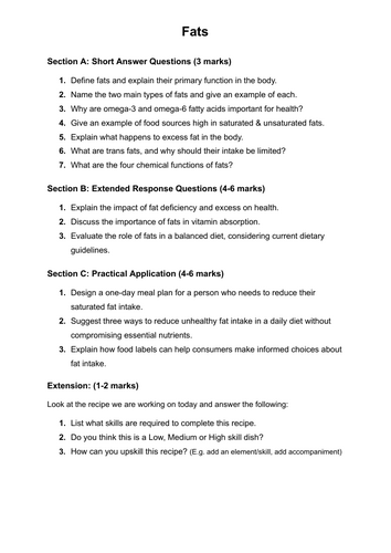 Food KS4 Cover Work - Topic: Fats