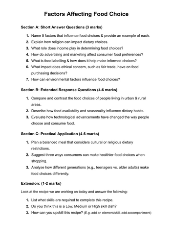 Food KS4 Cover Work - Topic: Factors Affecting Food Choice