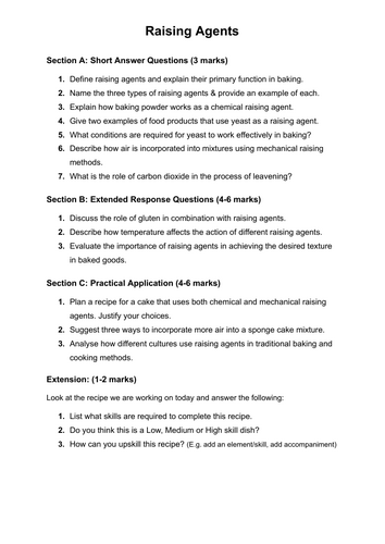 Food KS4 Cover Work - Topic: Raising Agents