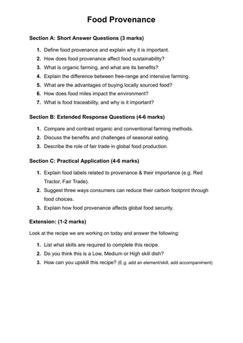 Food KS4 Cover Work - Topic: Food Provenance