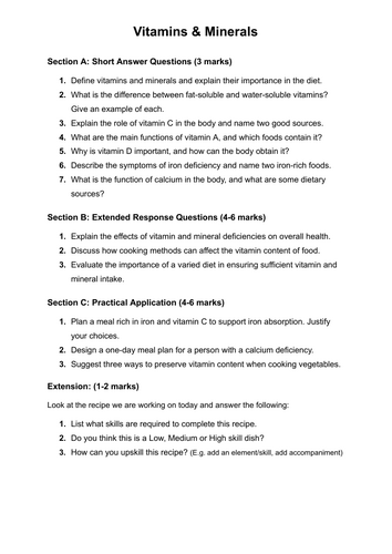 Food KS4 Cover Work - Topic: Vitamins & Minerals