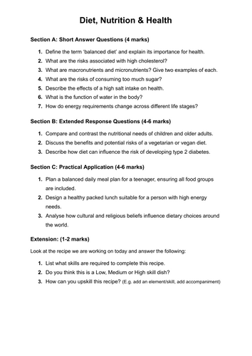 Food KS4 Cover Work - Topic: Diet, Nutrition & Health