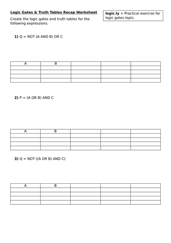 Logic Gates & Truth Tables Worksheet