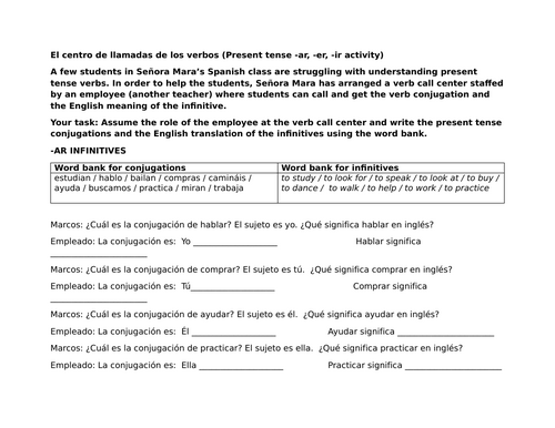 El centro de llamadas de los verbos (Present tense -ar, -er, -ir activity)