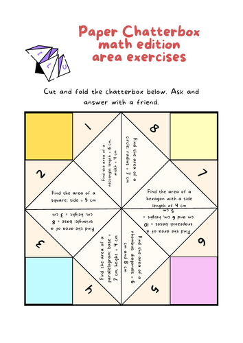 Paper chatterbox math game area exercises