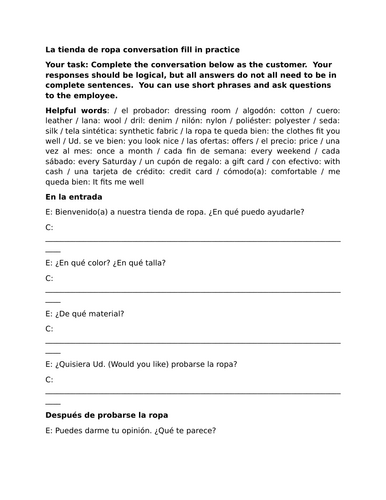 La tienda de ropa conversation fill in practice