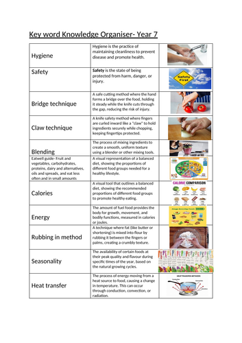 Food technology key word knowledge organiser for KS3