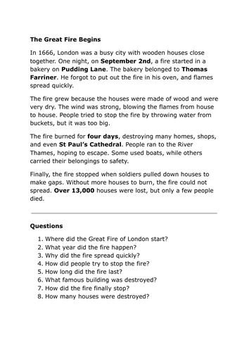 Five Reading Comprehensions - The Great Fire of London