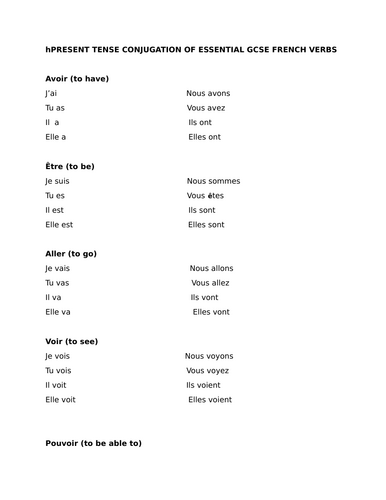 YEAR 8 FRENCH: conjugation of essential verbs in the present tense