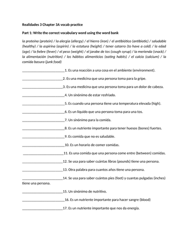 Realidades 3 Chapter 3A vocab practice