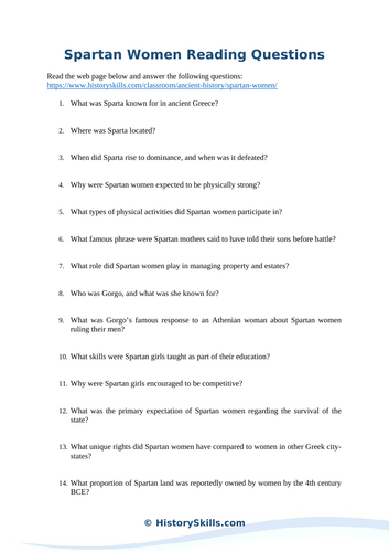 Spartan Women Reading Questions Worksheet