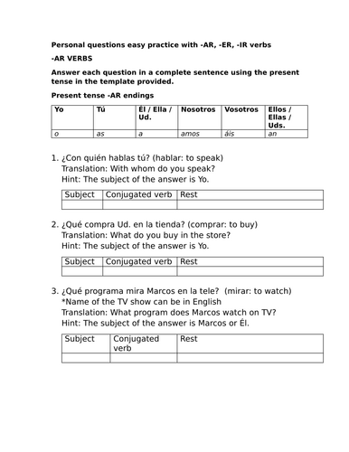 Personal questions easy practice with -AR, -ER, -IR verbs