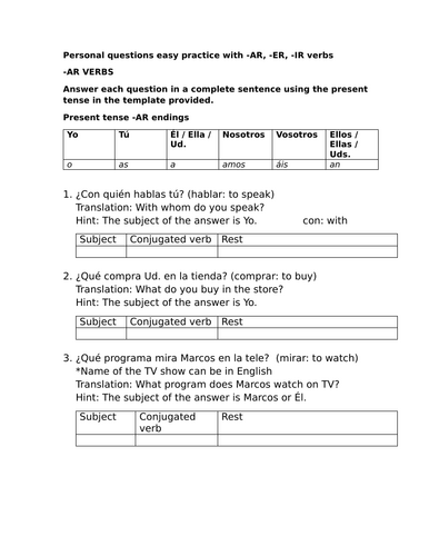Personal questions easy practice with -AR, -ER, -IR verbs
