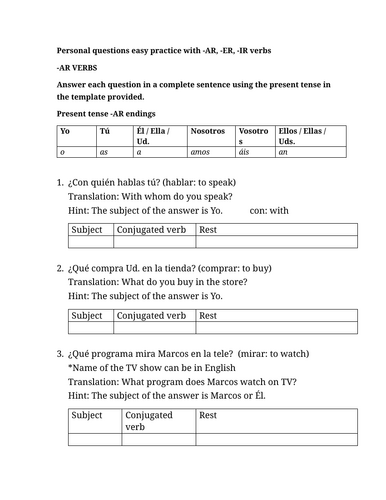 Personal questions easy practice with -AR, -ER, -IR verbs