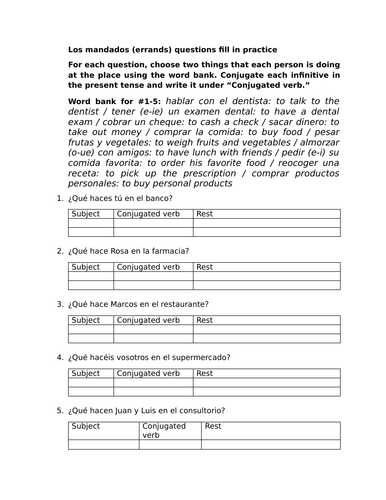 Los mandados (errands) questions fill in practice
