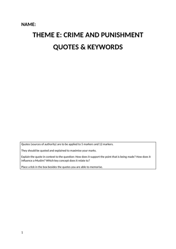 AQA RELGIOUS STUDIES CRIME AND PUNISHMENT QUOTES BOOKLET