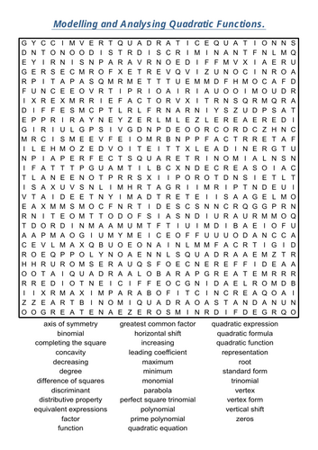 Modelling and analysing Quadratic functions-word search puzzle