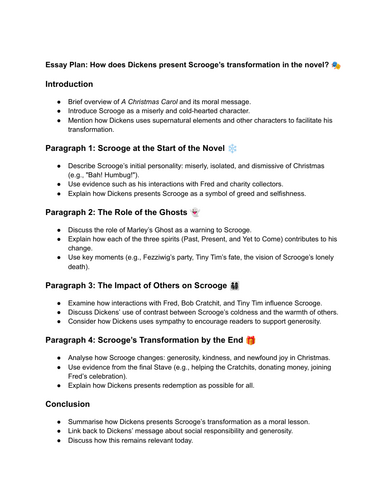 Essay plan for Scrooge's transformation