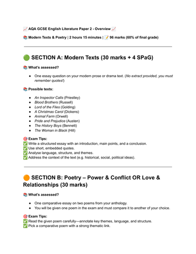 AQA GCSE English Lit Paper 2 - Overview