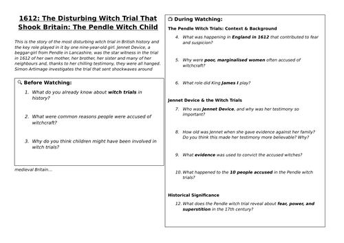 Simon Armitage 'The Pendle Witch Child' Documentary viewing comprehension sheet