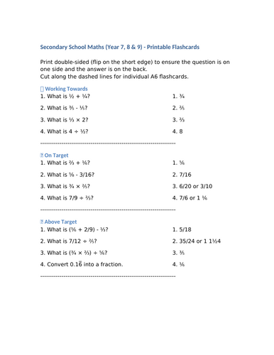 Differentiated  Flashcards: Fractions