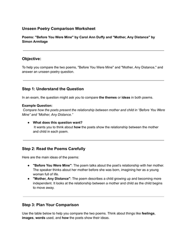 Unseen Poetry comparison support sheet