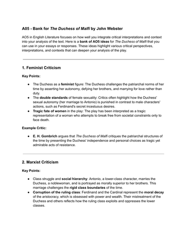 A05 bank for Duchess of Malfi