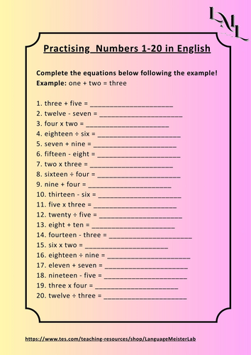 Practising Numbers 1-20 in English Worksheet