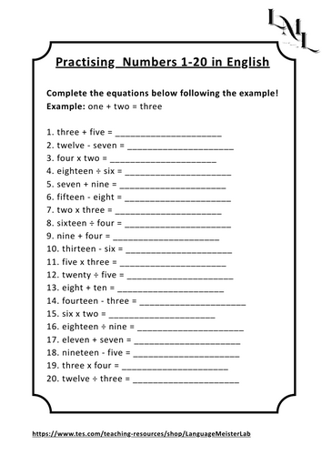 Practising Numbers 1-20 in English Worksheet with Answers