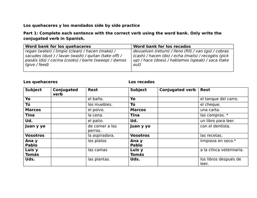 Los quehaceres y los mandados side by side practice