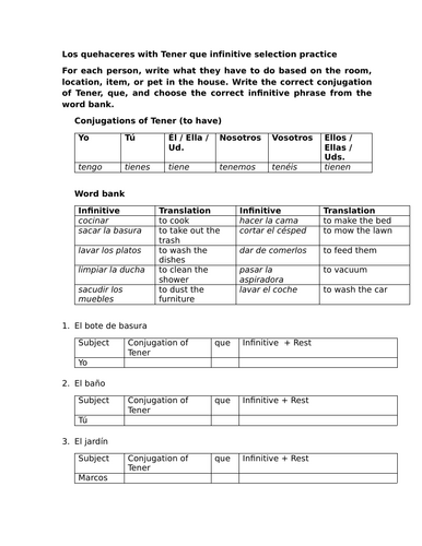 Los quehaceres with Tener que infinitive selection practice