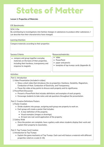 States of Matter Unit Plan and Resources