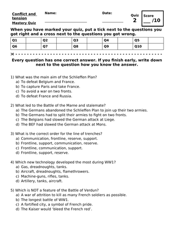 Mastery quiz on the stalemate of WW1