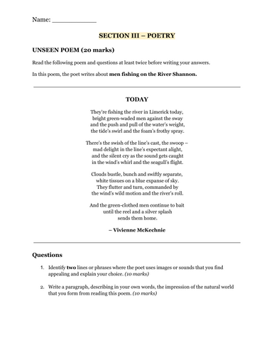 Ordinary Level Unseen Poetry – Practice Worksheet