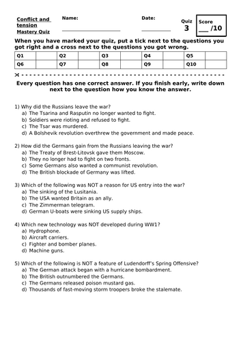 Mastery quiz on the End of WW1