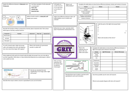 Biology Cells revision with answer sheet