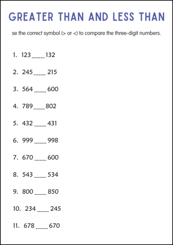 Greater Than Less Than Worksheets - 2 Digit and 3 Digit Comparing Numbers