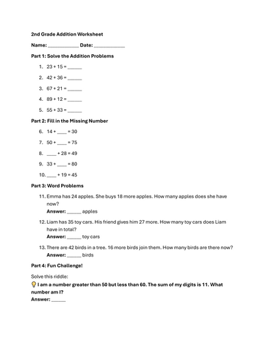 2nd Grade Addition Worksheet and Answer Key