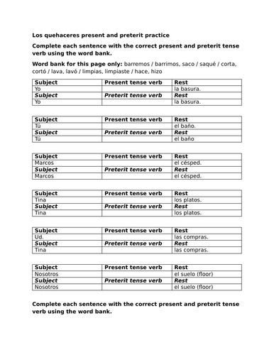 Los quehaceres present and preterit practice